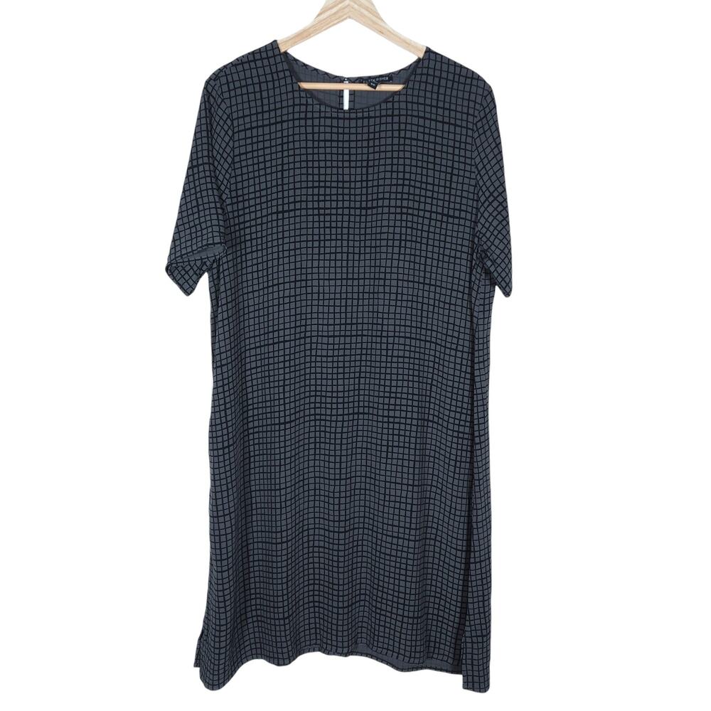 Eileen Fisher Womens Dress Medium Black Gray Grid Shift Knee Length Short Sleeve